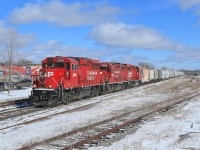 After building their train for today's T07, CP engines 2264, 3078 and 2224 lead 27 cars out of the yard at Havelock to begin the journey to Toronto.