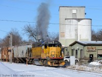 Smoking it up, GEXR 518 is passing a former Grain Elevator near downtown Kitchener - surprisingly the facility is now a bakery. Behind the elevator was the former CPR owned Grand River Railway (and the Queen St Kitchener Station) which shared the Huron Park Spur as joint track from just behind me to South Junction from 1961 to 1994 after which the GRR north of here was abandoned.  The ex CNR spur is all that remains in downtown Kitchener.