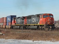 Having just crossed the North Saskatchewan River SD75I CN 5656 and Dash 9-44CW CN 2607 pass Bretville Junction with an eastbound intermodal.