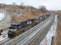 <b>A pair of whiteface's up front.</b> A pair of whiteface NS Dash9's (NS 8935 & NS 8998) along with SD70ACe NS 1160 lead CN 529 through Montreal West. Normally the domain of NS power, a lot of CP power has appeared on this train recently, but it was back to an all-black lashup today.