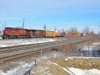 <b>A pair of beavers.</b> CP 119 slowly starts to pull after the conductor got onboard at Dorval. Power is a pair of AC4400CW's (CP 8605 & CP 9752) with the Beaver logo on the long hood.