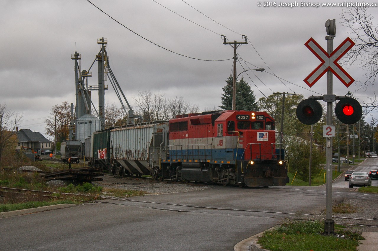 RLK 4057 pulls out of track HB42 at the Purina Plant in Caledonia on October 15, 2012.  Today while driving through Caledonia I observed that the Purina Plant did not have a single hopper car in either of its tracks and the yard tracks in Caledonia which are always full were empty as well.  Word is that Purina is scaling back production here and will be pulling out of Caledonia...rail service appears to be gone.  This just leaves a single customer in Caledonia for the SOR to serve.