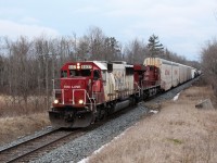 It's kind of a coincidence that Mr. Mooney would have a nice shot of SOO leaders making their way past MM43 on the Galt sub, while today, some 12 years later, we find an interesting leader. SOO 6037, still in its original while paint scheme leading CP 8720 through the same location after its trip up the Hamilton sub cleared to Wolverton. And Yes, I have been know to frequent this location.