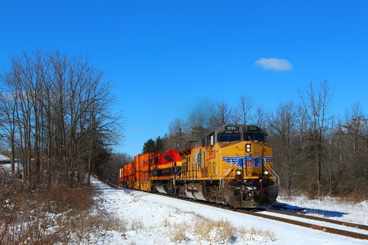 Todays CP 143 attracted quite a few rail fans as UP 5550 lead KCS 4166 out of Guelph Junction and down the Hamilton sub approaching side road #3 on a bright but cool Sunday afternoon.