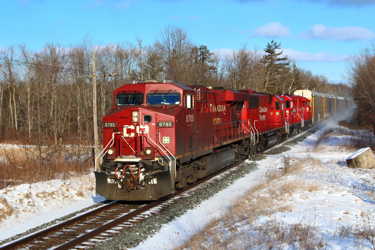 With the sun lowering in the evening sky, CP 8785 leads Ex Soo CP 6256 (SD 60), CP 2325 and CP 2250(GP20C-ECO)up the Galt sub past MM43 with an unusually clean collection of power headed for Wolverton. The GP20C's are becoming more common in this area lately and the nice clean paint is a nice change from the faded red GE's.