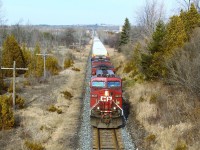 Here we find CP 8637 leading a very short daily CP147 up the grade approaching the Highway #6 overpass and MM45 on the Galt sub on a very windy but warm February mid afternoon. Between the high winds and the transport trucks whipping by right behind me, it made for an eventful shot.