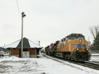 CP 242 rolls past Galt, Ontario with a Union Pacific leader. It's nice to see a regular night train running a day shift on the Galt.