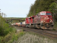CP AC4400CW 9678 leads a then still brand-new 8800 series ES44AC up the hill with a westbound freight just east of Campbellville, Ontario.