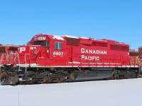 This Locomotive was originally a non dynamic brake equipped SOO SD40-2 #6607 built in 1980. Dynamic brakes were added in 1989. CP acquired it in 1991,painted it in the dual flag scheme in 1993. It is equipped with GE remote control Locotrol system.