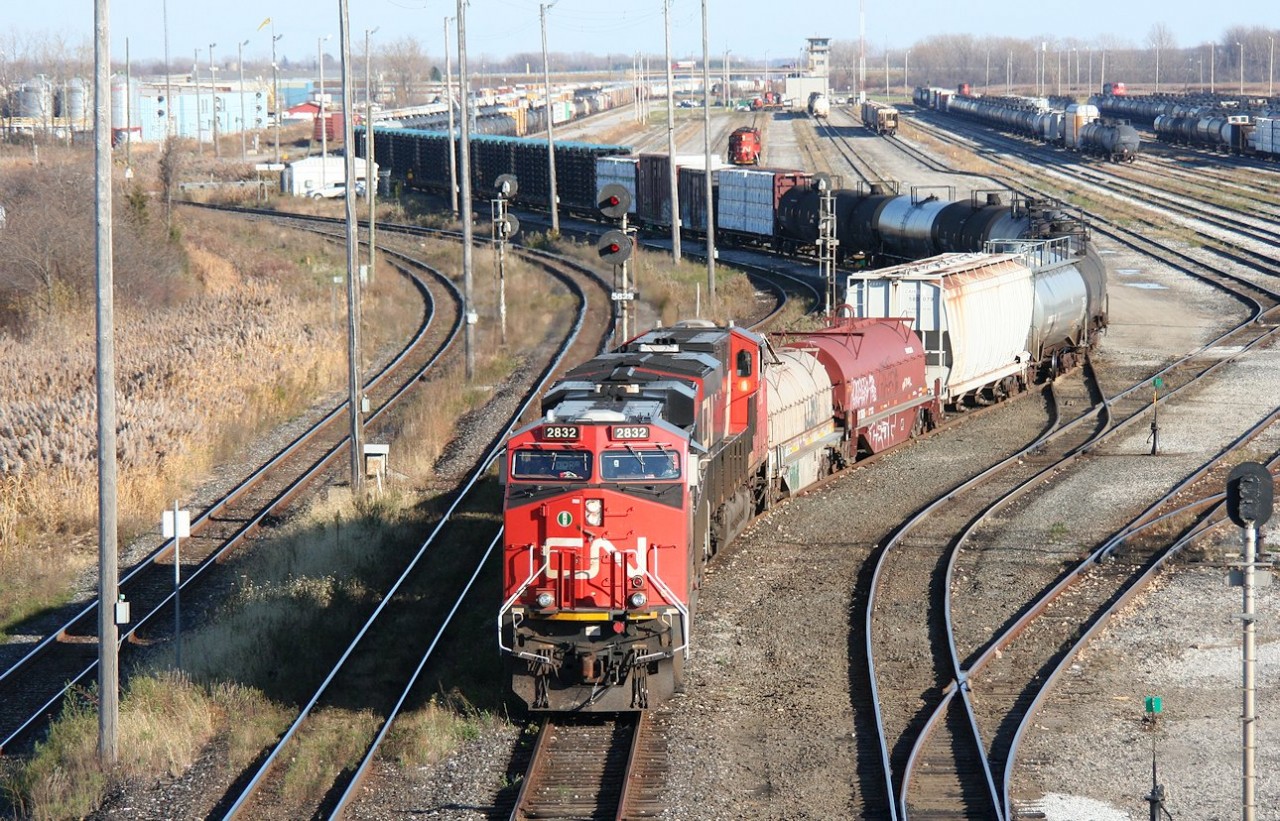 CN 501 pulls out of Sarnia Yard with a pair of GE ES44DC locomotives on the point.
