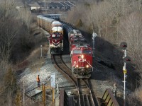 With the daily Ontario Southland job tucked safely away in the siding, a westbound unit train of crude oil empties roars through Woodstock.