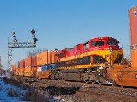 With cold bitter temperatures around for the weekend, it was creating havoc for both railways. KCS 4166 lends a hand 6,400 ft in as the mid train remote to keep the air flow down as the train slowly snakes it's way into Lambton. Upon arrival, the crew will switch out the Detroit blocks from the Chicago blocks for CP 235 to lift later and derobotize and run convention from Lambton onwards. 