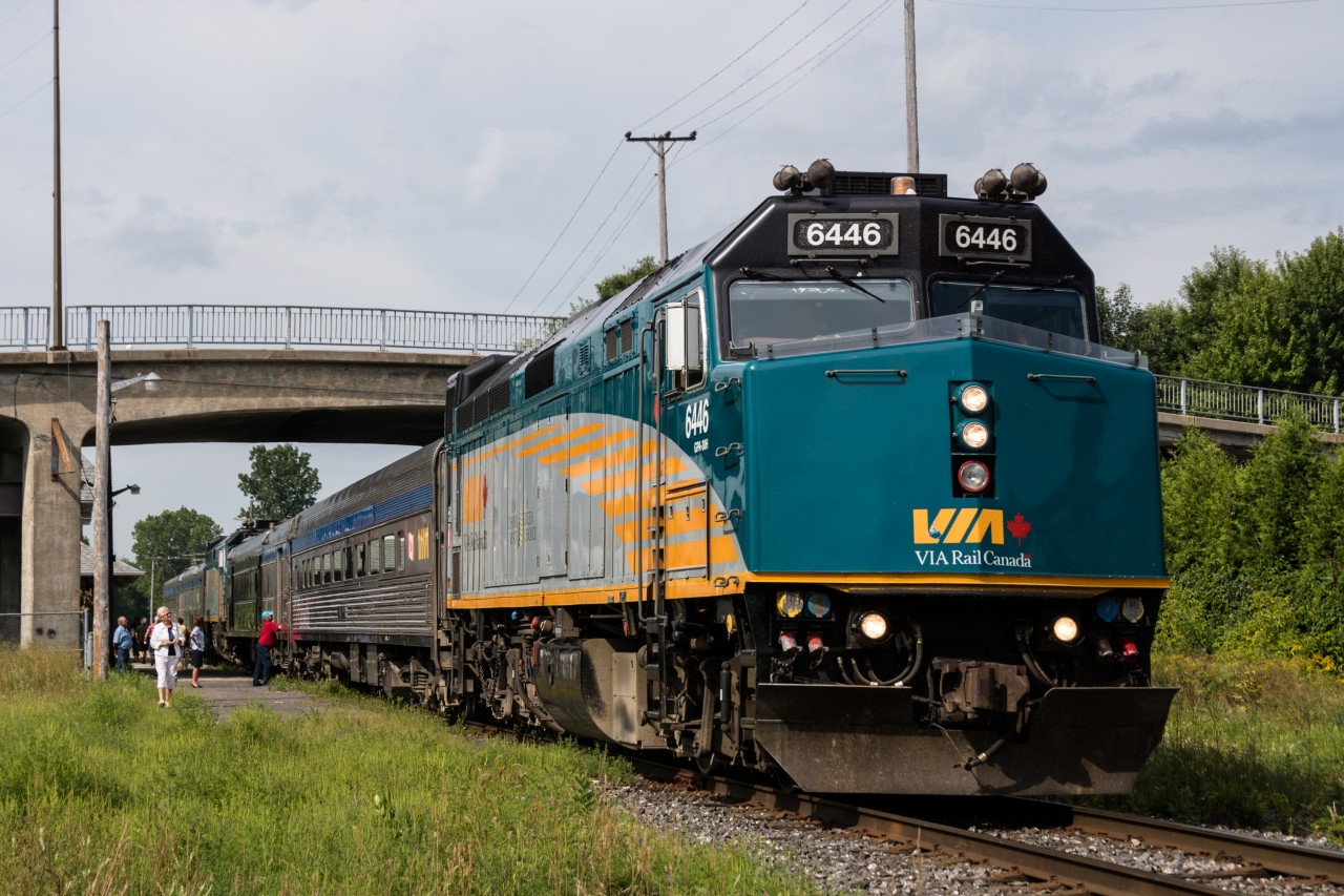 Less than 90 minutes into the day's trip, VIA 601/603 is a flurry of activity for the town of Joliette, northeast of Montreal. Running as a J train to Hervey, 6446 will lead number 601 from there to Jonquiere while the trailing 6413 will take number 603 to Senneterre.
