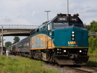 Less than 90 minutes into the day's trip, VIA 601/603 is a flurry of activity for the town of Joliette, northeast of Montreal. Running as a J train to Hervey, 6446 will lead number 601 from there to Jonquiere while the trailing 6413 will take number 603 to Senneterre.  
