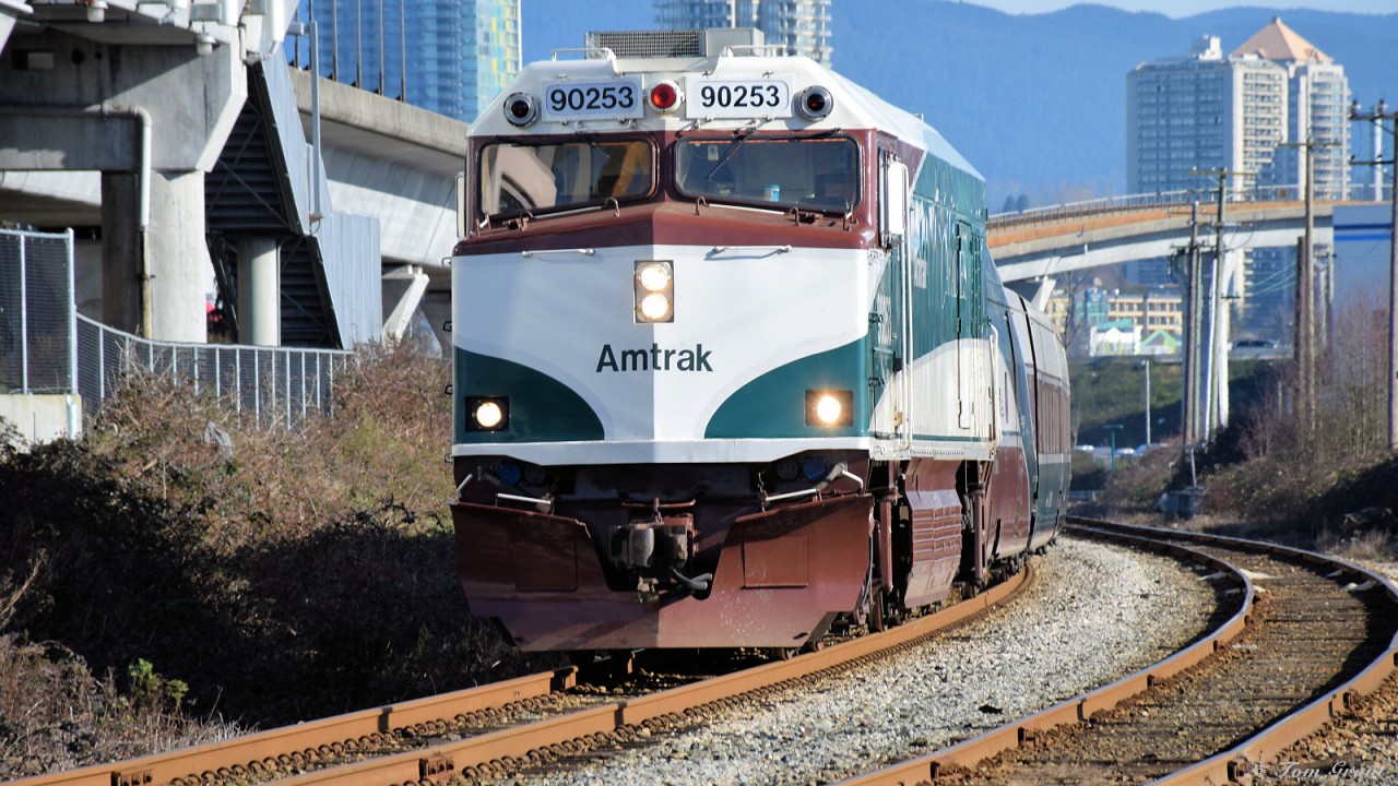 Amtrak Cascades from Seattle entering Vancouver approaching Rupert Street crossing. EMD non-powered control unit converted from a F40PH locomotive.