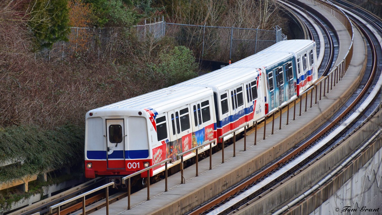 SkyTrain on Millennium Line at Nanaimo Street overpass heading for downtown.  UTDC ICTS MK1