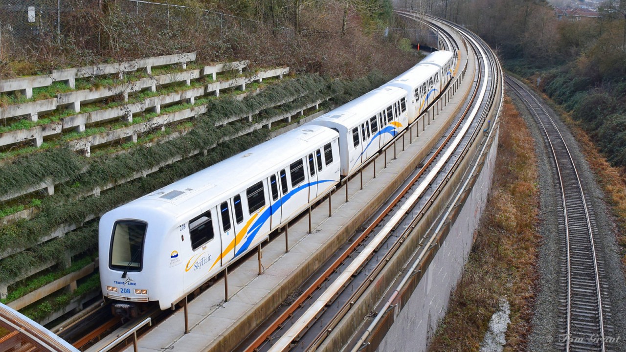 SkyTrain 208 (Bombardier ART Mark II 208), Millennium Line in the Grandview Trench at Nanaimo Street Overpass eastbound.