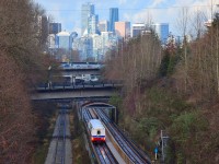 SkyTrain 091 Millennium Line eastbound Lakewood Drive overpass. UTDC Mark 1 1985.