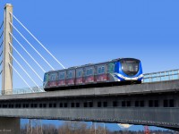 Canada Line Hyundai-Rotem cars on the North Arm Bridge (North Arm Fraser River) heading to Richmond from Vancouver.  This is an extradosed transit/pedestrian bridge.