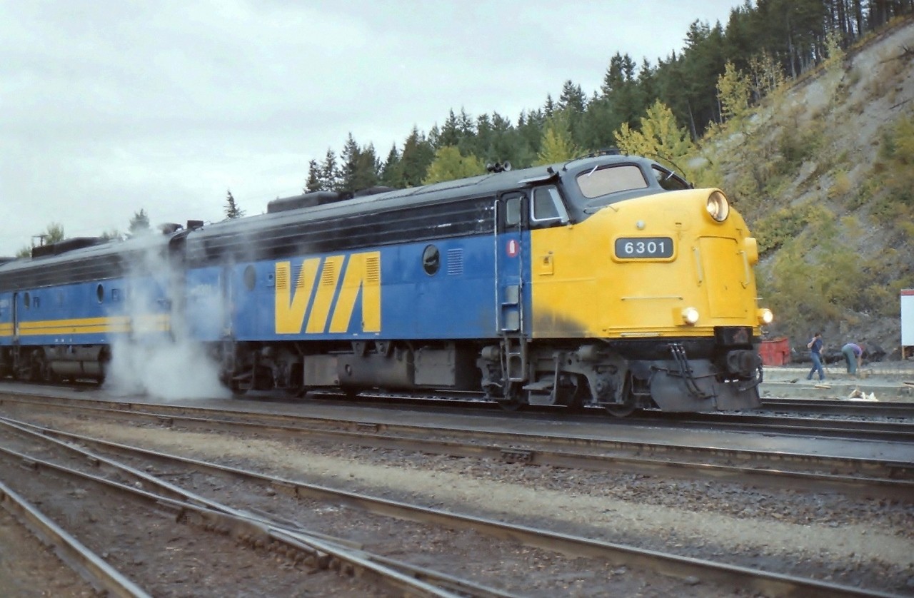 While inspecting a roofing project at the Golden BC post office I had the advantage of keeping one eye on the nearby CP line through town. As soon as the Via train arrived at the old CP station I went over & photographed the lead unit & the first "B" unit behind it, and then as luck would have it I ran out of film. Not long after this VIA stopped running through Golden, Calgary, & many other towns in the western part of Canada.