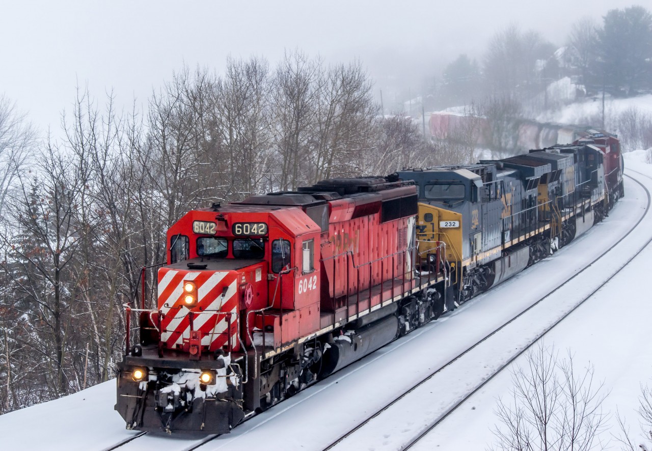 Mother nature wasn't sure what season it was today while delivering snow, freezing rain, straight rain and then more snow. After spending over 4 hours switching in the downtown yard, a pacman SD40-2 emerges slowly from the fog between the unsettled weather leading a great consist along the north shore of Lake Ramsey. Power was CP 6042, CSXT 232, CSXT 670 and CP 9580.