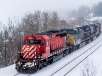 Mother nature wasn't sure what season it was today while delivering snow, freezing rain, straight rain and then more snow. After spending over 4 hours switching in the downtown yard, a pacman SD40-2 emerges slowly from the fog between the unsettled weather leading a great consist along the north shore of Lake Ramsey. Power was CP 6042, CSXT 232, CSXT 670 and CP 9580.