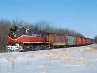 On a cold and sunny March day, is there anything better to do than chase a seldom photographed shortline in the middle of no where ?  Of course not! Thunder Rail's only unit, an MLW M420, is seen here slowly nearing Crooked River SK. 