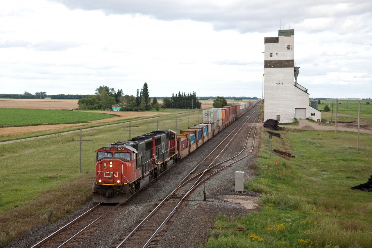 The beautiful "prairie icons" are getting fewer and fewer, but as proven in this image, some nice ones still exist.
CN 119 passes the elevator at Harte MB.