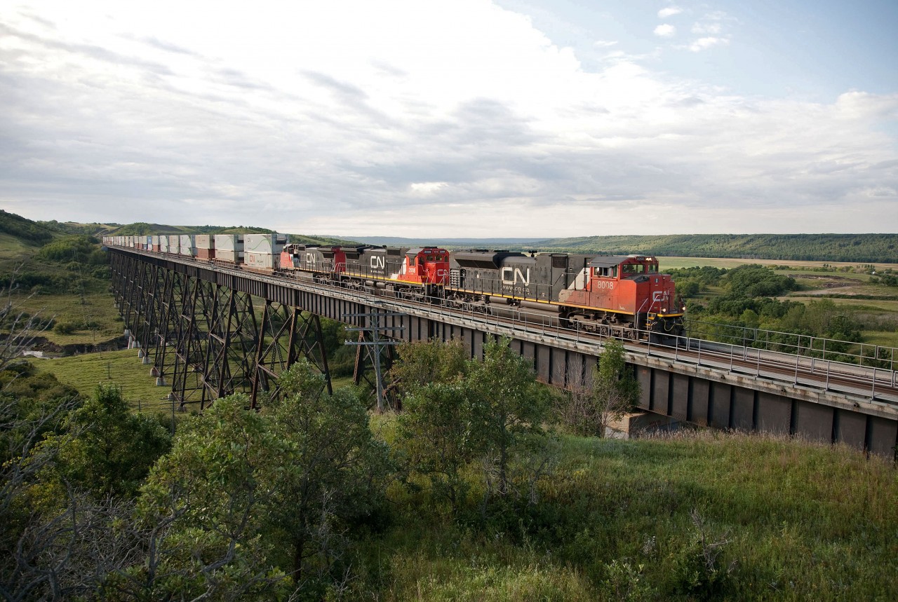 The UNO trestle on CN's mainline through Manitoba has always been on my "must see" list.  When Cando asked if I wanted to work as a hogger for a few weeks at their Cromer crude oil loading facility I jumped at the chance.
With a rental car and the way the shifts worked, there was loads of time for railfan photography.  
CP was fairly quiet, but certainly not CN.  It was worth the extra miles to see and shoot the non-stop action, and the terrain was anything but boring.
