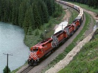No, not Morant's Curve. This is a spot adjacent to Byway 1A, about 2 km north of Castle Junction. This eastbound wood product train rounds a nice curve with mountains and the Bow River, very similar to the more famous curve several miles to the west.
This is the first photo taken with my new camera.