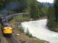 The CP ROW has to squeeze through this narrow area at the end of a relatively broad flat valley that hosts the town of Field. The tracks, Kicking Horse River and the Trans Canada Highway converge on this spot.