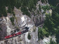 A CP westbound coal train in the rugged lower Fraser Valley near Hell's Gate.