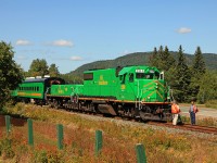 On 9/9/2009 government and railroad dignitaries got together for a photo op to comemmorate a $36M investment for track and equipment (and by extension rail service) improvements in the NBSR service area. The railroad put together this sweet consist to move the VIPs back up the line a ways to observe some trackwork in progress. A big thank-you to engineer Gilles and conductor Chris for giving me the heads-up about this event while chatting with them the day before at McAdam Station, as they waited for clearance to proceed with train 908.