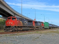 CN 406 pulls through Island Yard and under the Crown St. ramp to eastbound Highway 1, where the power will cut off and head for the fuel ramps.