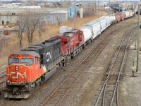 CN 5628 leads the way with an unexpected visitor in Sarnia today as CP 8944 is the trailing unit on train 385. 