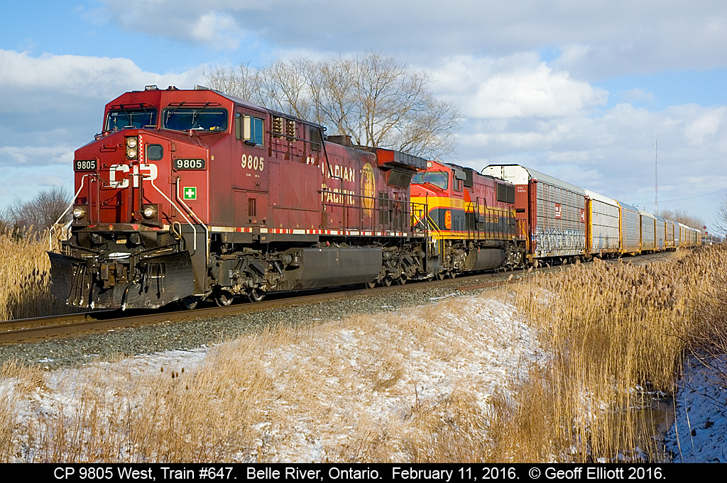 CP Train #647 pulls out of the siding in Belle River, Ontario after waiting on train #650 to clear up on the main.  Today we have CP 9805 on point with Kansas City Southern SD70MAC #3908 trailing to provide some color to the normal boring parade of CP GE's that roll on the Windsor Sub.