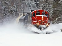 CN 595 continues around the bend at Utterson after a fresh snowfall on one of its twice-weekly trips down to Longford Mills.