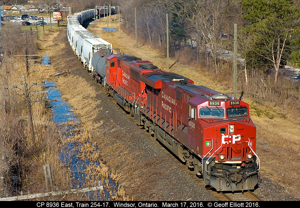 CP 8936 leads train 254-17 out of Windsor Yard on the morning of March 17, 2016.  Always loved seeing shots of old CP Flagship Train #904 from this vantage point as it would pull out of the yard with Big Alcos smokin' it up.  Sadly the Alcos are gone, but at least we can still get some decent shots from this same location even though they tend to be dominated by modern GE power.