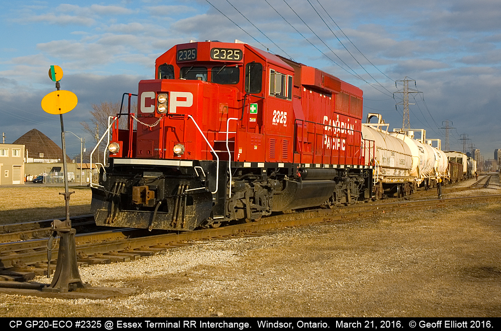 CP GP20-ECO #2325 shoves back into the Essex Terminal Interchange to deliver 10 cars in the early morning light of March 21, 2016.