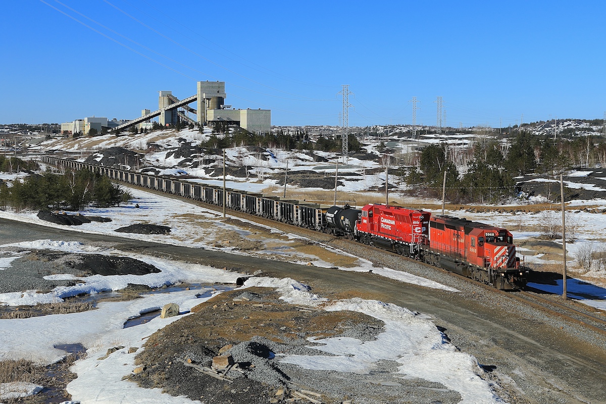 It was nice seeing a SD40-2 leading this empty ore train away from Clarabelle Mill in Sudbury.  5968 and 5043 bring 47 cars onto the Cartier Sub at CP Sprecher to start their journey to the Coleman Mine in Levack.
