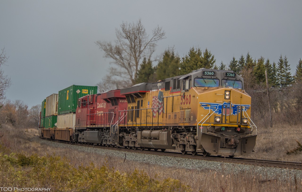 CP 142 rounds the bend with a UP leader, heading East, on approach to Darlington.


UP 5360 & CP 8854