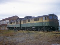 Two General Electric Diesel engine at the White Pass & Yukon Route headquarter in Whitehorse, Yukon. The picture were made back in August 1971. At this time, there were a lot of fire in the Yukon. The visibility was not the best, as the image show the dust, too. Photographer unknown. Original slide in the collection of Boerries Burkhardt. http://www.whitepassfan.net