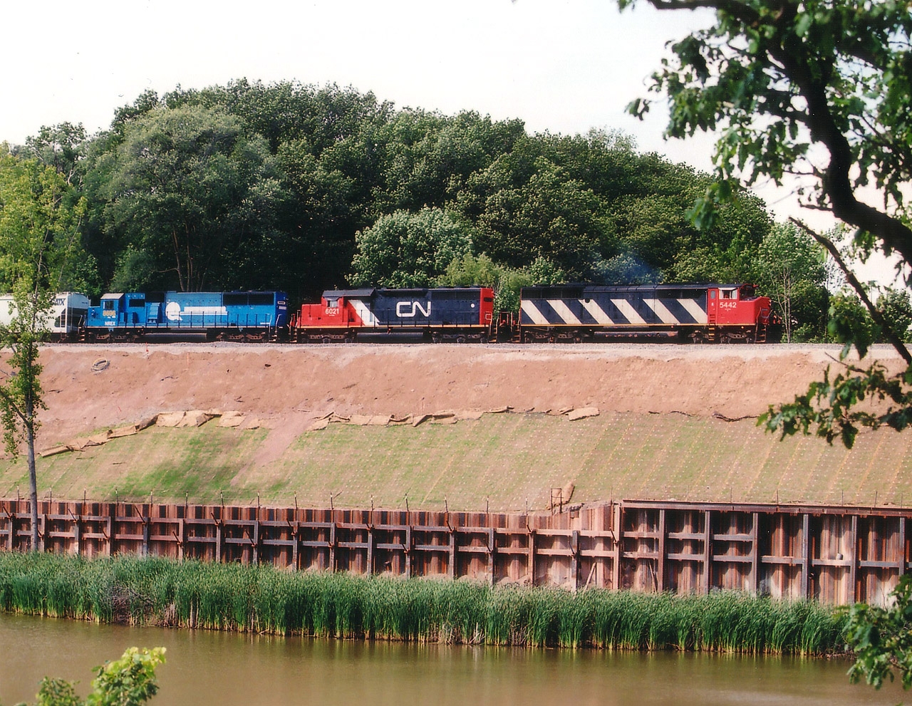 It has been 10 years already since the construction for the third rail thru Bayview was under way. So there opened the chance to shoot from an old angle once again, before foliage sprung up after the hillside landscaping was completed. Here is CN 5442, 6021 and NREX 8696 (in CR paint) with train #338, a CSX/Buffalo to MacYard daily, slowly making its way thru the work zone. There is currently a 5442 on the roster, but it is not this one. :o)