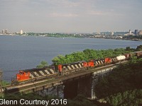 CN SD40-2W 5290 leads Fort Erie - Toronto train #432 out of Hamilton, just crossing the Desjardin Canal, on a beautiful summer evening in 1989. I believe that this is one of the very few times I cut a freight coming out of Hamilton on a summer evening making this shot possible with light on the nose. 