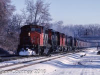 CN SD40-2W 5363 leads a quintet of SDs with Dofasco ore train #730 which has come off the Ontario Northland and will head straight into Dofasco to unload. The train is about 14 hours behind schedule due to the winter weather. 