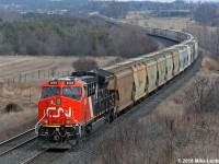CN 3005 shoves hard on 730's tailend at the Newtonville s-curve. 1405hrs.