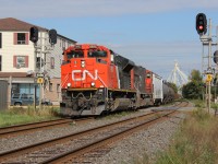 CN 331 led by SD70M-2 #8903 splits the signals at the grade crossing with Thames St. on this pleasant early autumn Sunday afternoon.