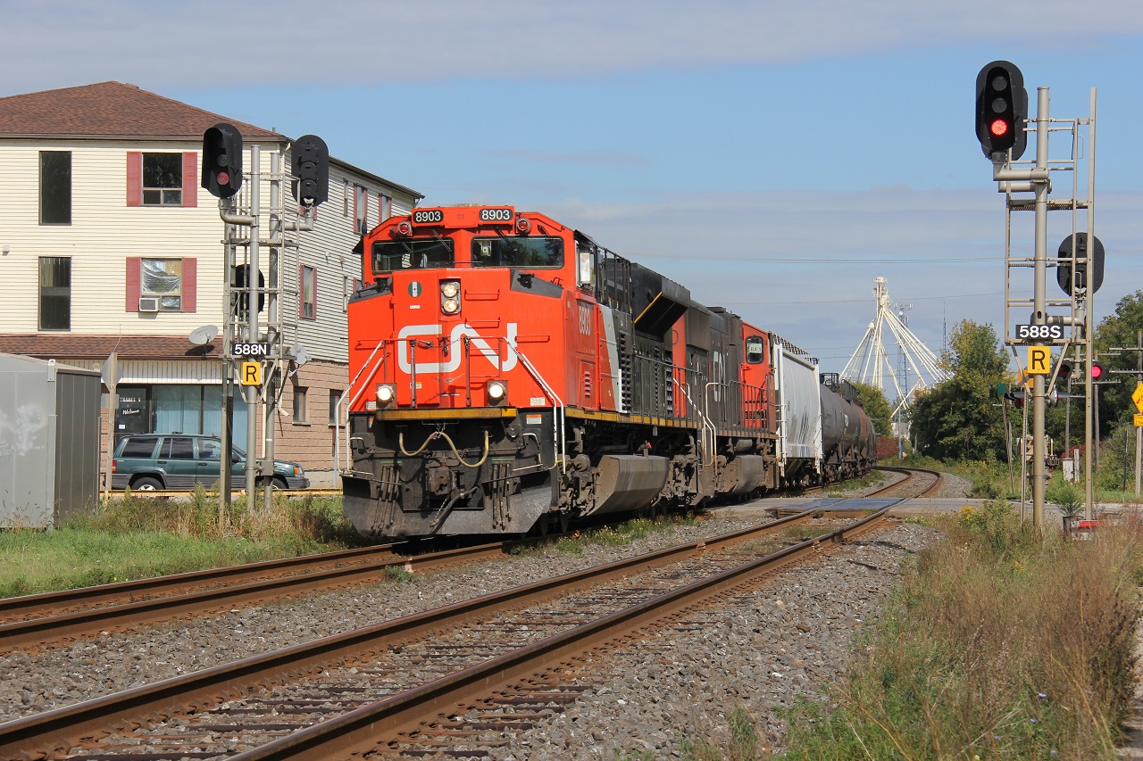 CN 331 led by SD70M-2 #8903 splits the signals at the grade crossing with Thames St. on this pleasant early autumn Sunday afternoon.