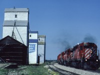 Five SD40-2s leads a southbound train past the row of grain elevators at Nisku, Alberta.