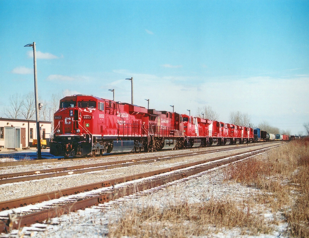 For some of us, it seems these ES44ACs have been around forever, yet it has only been 8 years. Stopped here at the Welland Yard office on their way to Toronto and almost overnight into revenue service are 6 new units, CP 8863, 8864, 8865, 8866, 8867 and 8862, painted up for the Vancouver Olympics of 2010; behind CP 8853 and 9727 up front. Most of us hardly had a chance to shoot this special paint before they went West, and then were painted to regular CP scheme after the Olympic hullyballoo was over.